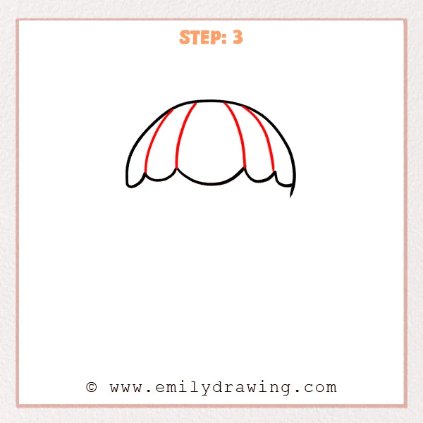 how to draw a hot air balloon - Step 3 of a hot air balloon drawing adds several curved vertical panel lines on the balloon canopy, reaching down toward the scalloped bottom edge.